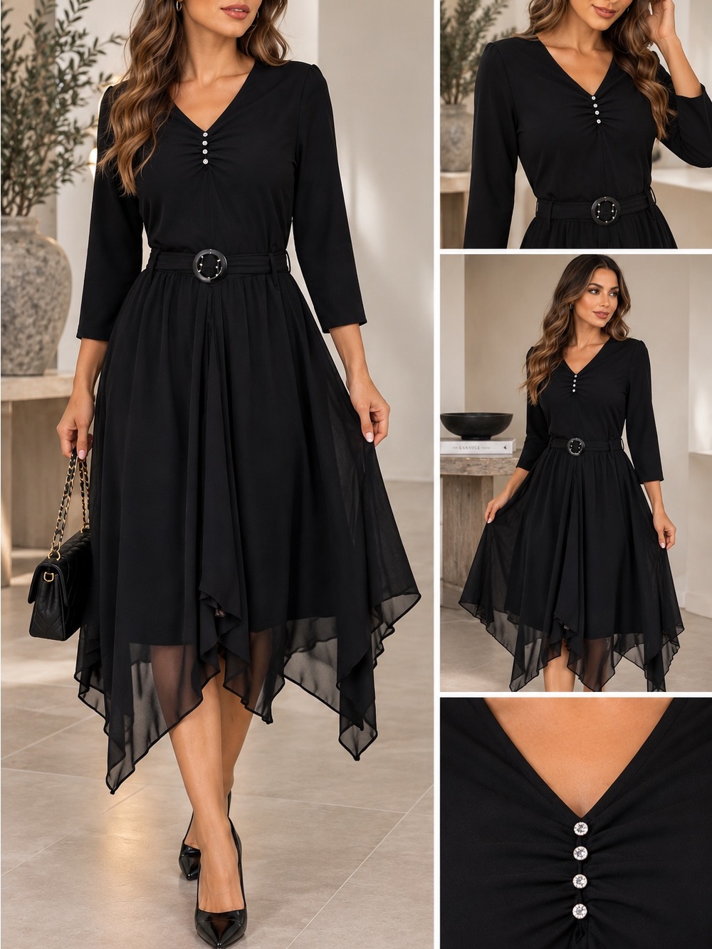 Elegant Black V-Neck Handkerchief Hem Dress with Belt